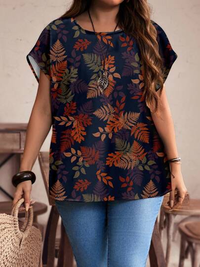 EMERY ROSE Plus Size Autumn Leaf Pattern Print Long Sleeve Shirt, Suitable For Autumn/Winter