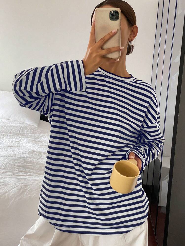 Women Loose Solid Round Neck Long Sleeve Long T-Shirt,Fall Clothes Preppy Tops