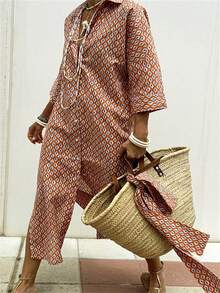 Front Button Closure Geometric Print Long Shirt Dress, Casual Vacation Wear - Orange - View 1