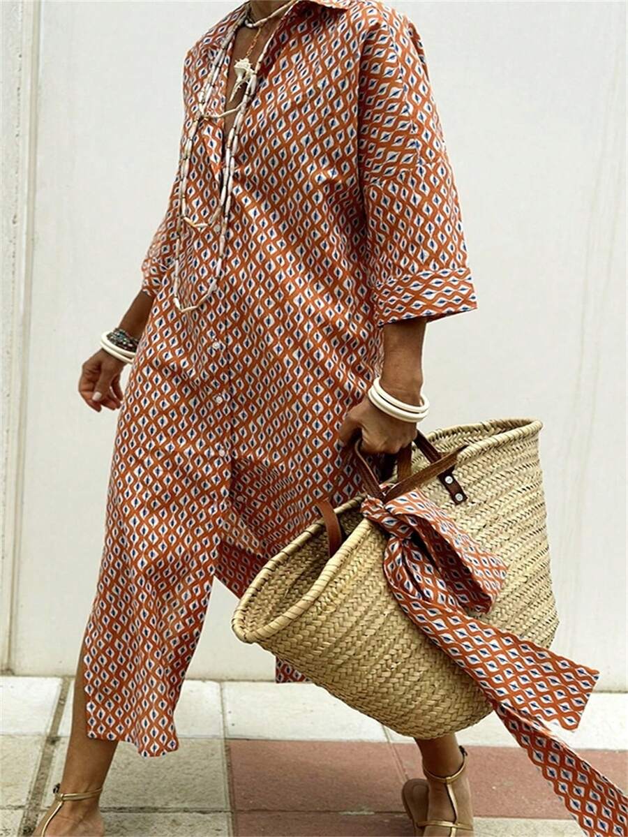 Front Button Closure Geometric Print Long Shirt Dress, Casual Vacation Wear - Orange - View 1