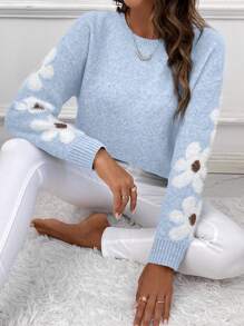 EMERY ROSE Women's Casual Floral Pattern Round Neck Dropped Shoulder Long Sleeve Sweater For Autumn/Winter Knit Pullover Fall - Baby Blue - View 4