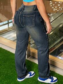 女式休闲做旧喇叭牛仔裤 - 深色水洗藍 - 查看 2