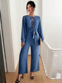 Chiquease Crew Neck Cinched Waist Long Sleeve Jumpsuit - Blue - View 6