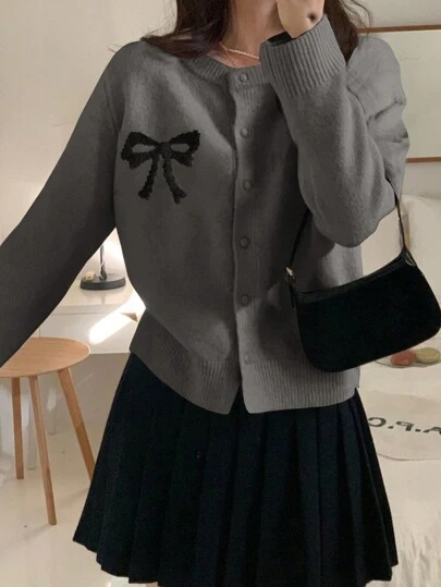 DAZY 1 件女士休闲纽扣开衫，带蝴蝶结图案，适合秋冬日常穿着，秋季女装