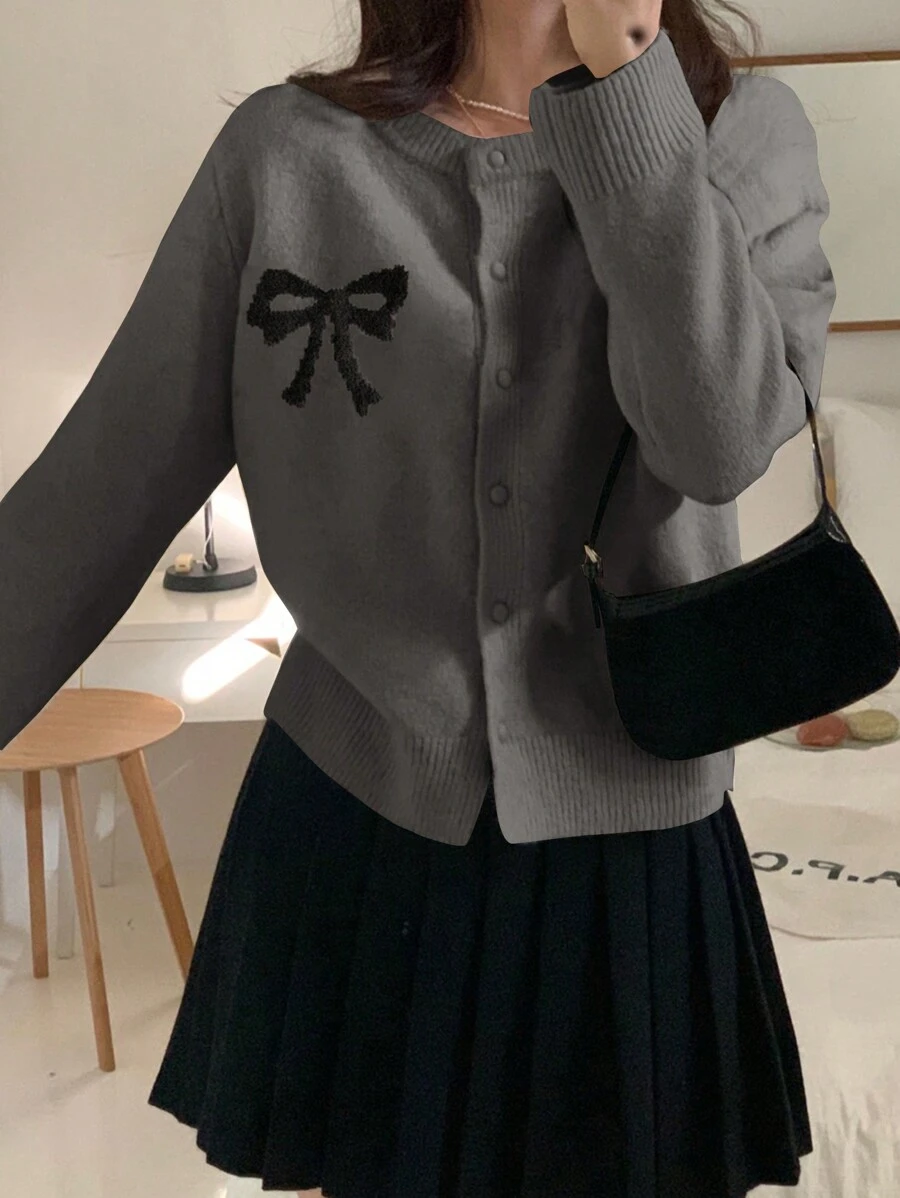 DAZY 1 件女士休闲纽扣开衫，带蝴蝶结图案，适合秋冬日常穿着，秋季女装 - 灰色 - 查看 1