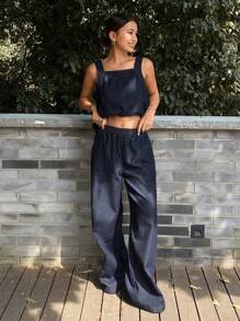 Livesso 女士休闲纯色背心和宽腿宽松牛仔裤 2 件套 - 深色水洗藍 - 查看 7