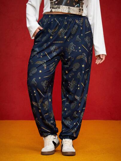 HARRY POTTER X SHEIN 大码休闲宽松时尚口袋四件套连帽运动裤，海军蓝，适合日常穿着