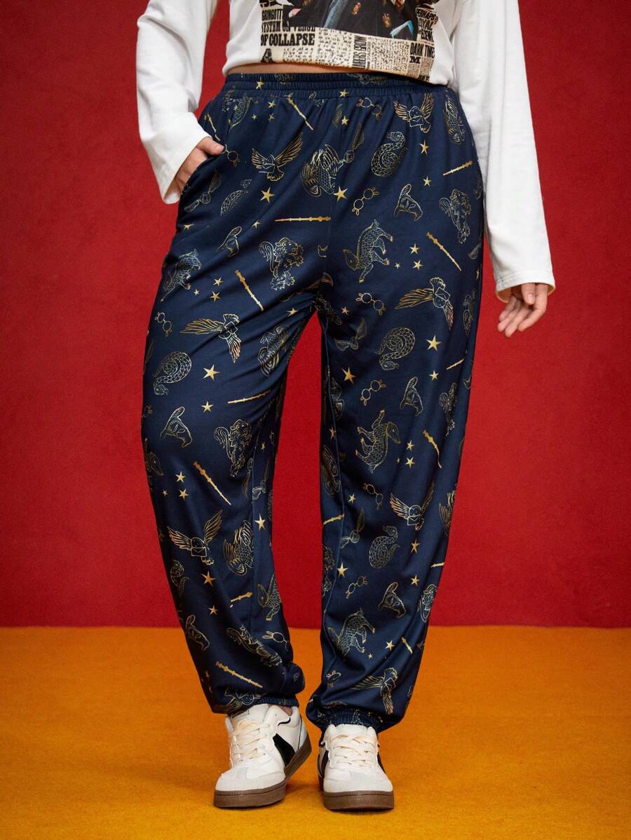 HARRY POTTER X SHEIN 大码休闲宽松时尚口袋四件套连帽运动裤，海军蓝，适合日常穿着 - 藏蓝色 - 查看 1