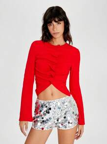 SHEIN EZwear 女式休闲纽扣前褶皱喇叭袖 T 恤，秋季 - 紅色 - 查看 4