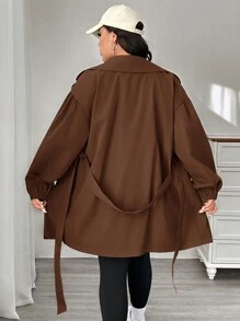 CovetEZ Plus Size Vintage Plus Size Wide Lapel Trench Coat For Early Autumn - Chocolate Brown - View 2
