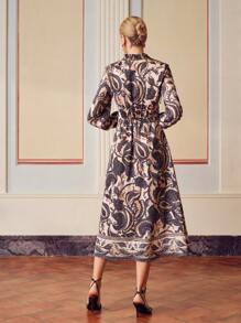 ZEYLAH ALLOVER PRINT FRILL NOTCH NECK LANTERN SLEEVE MIDI DRESS WITHOUT BELT - Multicolor - View 6