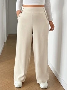 Flirla 大码女式高腰纽扣装饰口袋宽松休闲裤