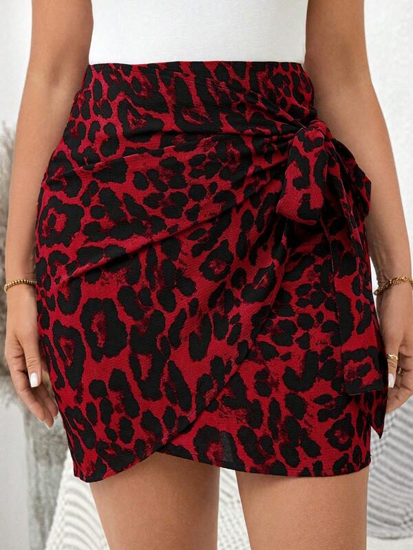 SHEIN Clasi Falda envolvente con estampado de leopardo elegante de talla grande, ropa de mujer de otoño