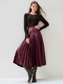 Enchnt Elegant Burgundy PU Pleated Skirt,Autumn Winter Women's Clothing, Frenchy Casual Workwear,Dining,Halloween & Christmas Party New Years Skirt - Burgundy - View 7