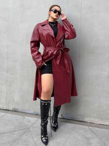 Flirla Plus Size Snake Emboss Pu Faux Leather Long Jacket, Deep Red Burgundy Color For Women - Burgundy - View 5