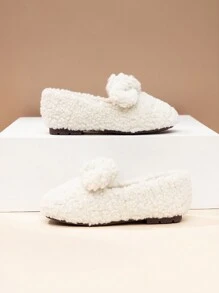 儿童可爱毛绒拖鞋，带蝴蝶结装饰 - 米色 - 查看 6