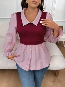 Calvaya Plus Size Women Contrasting Stripe Long Sleeve Casual 2 In 1 Top For Autumn