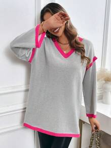 SHEIN Unity Women's Casual Contrast Color V-Neck Loose Knitted Sweater, Autumn/Winter Fall - Grey - View 4