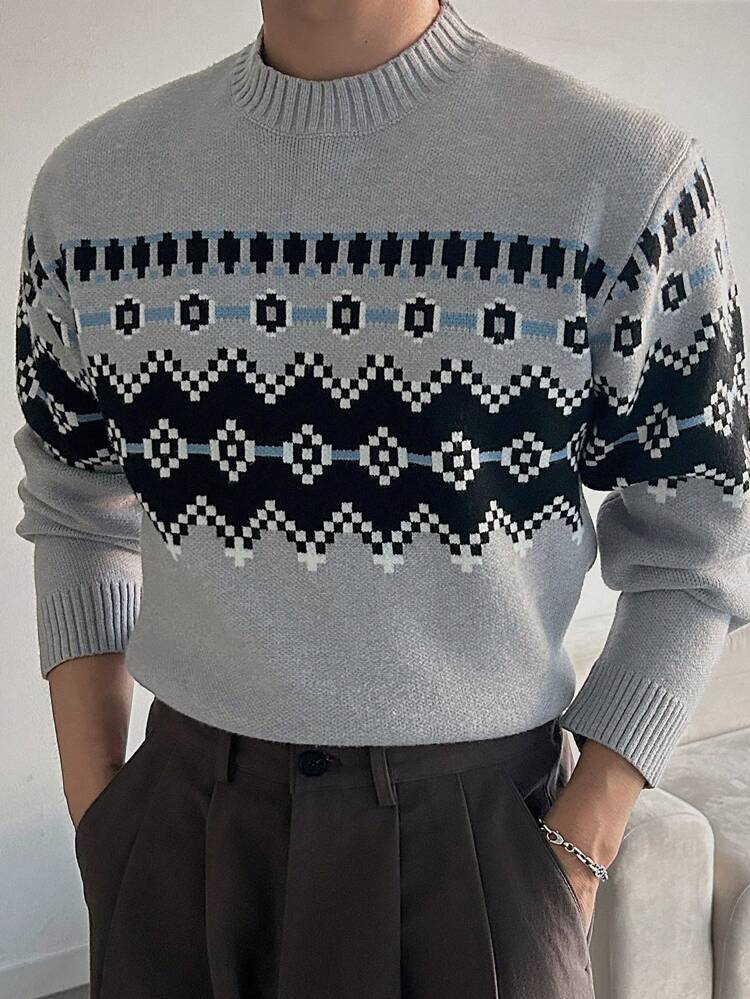 Men's Geometric Pattern Crew Neck Long Sleeve Casual Sweater For Autumn/Winter