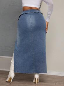 SHEIN SXY 大码高腰不对称破洞牛仔中长裙 - 中等水洗藍 - 查看 2