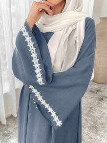 Al Najma 女士拼布缎带喇叭袖长款宽松土耳其连衣裙、卡夫坦和贾拉比亚长袍端庄连衣裙阿拉伯连衣裙 - 藍色 - 查看 7