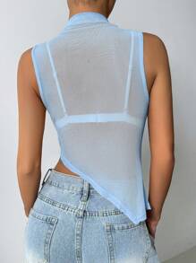 SHEIN SXY Áo ba lỗ bó sát viền bất đối xứng thời trang dành cho nữ, mặc ngoài trời mùa hè - Màu xanh lam - Xem 2