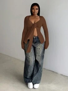 Slaydiva Camiseta con mangas acampanadas y puños con detalle de lazo, de unicolor y estilo casual, para otoño
