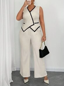 Elenzga Bộ vest không tay cổ chữ V viền màu cỡ lớn viền bất đối xứng và quần vest thanh lịch - Nhiều màu - Xem 1