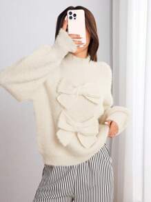 SHEIN Unity Suéter minimalista de mujer de unicolor con decoración de lazo y manga larga, para uso casual diario, jersey de punto para otoño e invierno - Beis - Ver 3