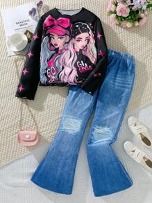 SHEIN Set da 2 pezzi di Maglietta con stampa a stelle e jeans a zampa per ragazze pre-adolescenti, stile di moda da strada
