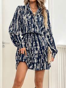 Selianne 女式秋季立领扣腰灯笼袖荷叶边短款连衣裙 - 彩色 - 查看 4