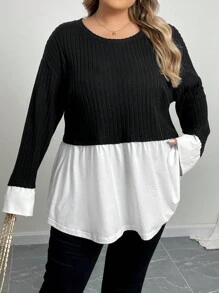 SHEIN CURVE+ Camiseta de manga larga con bloques de color talla grande para mujer, otoño/invierno - Blanco y Negro - Ver 6