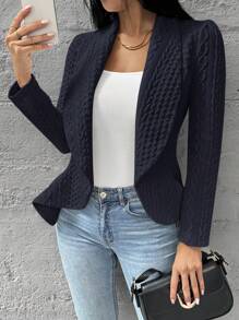 SHEIN Essnce Áo blazer nữ màu trơn cổ bẻ tay dài thanh lịch, kiểu dáng công sở thường ngày, trang phục công sở mùa thu, trang phục giáo viên mùa thu - Màu xanh hải quân - Xem 1