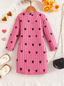 少女温暖拉绒罗纹心形印花长袖连衣裙，秋冬 - 玫紅色 - 查看 2