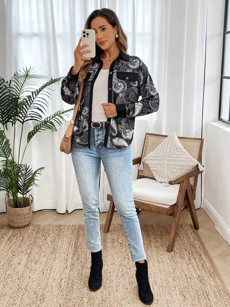 Black Corduroy Patchwork Paisley Pattern Soft Long-Sleeve Jacket