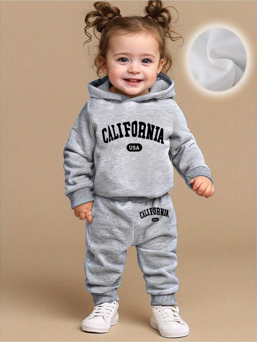 2 件套女婴休闲字母印花简约设计保暖连帽衫运动衫和长裤，秋冬 - 灰色 - 查看 1