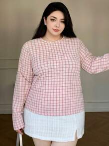 Dazy Plus Plaid Crew Neck Figure Flattering Long Sleeve T-Shirt, Casual Everyday Wear, Spring/Summer - Pink - View 8