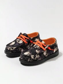 新品万圣节骷髅涂鸦休闲帆布运动鞋，秋冬款 - 黑色 - 查看 1