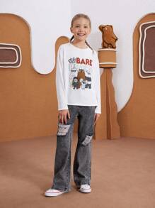 We Bare Bears X SHEIN Tween Girl 白色卡通可爱休闲熊字母印花长袖 T 恤 - 白色 - 查看 7