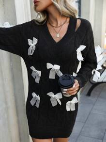 Chiquease 女士蝴蝶结装饰简约休闲针织毛衣，长袖 - 黑色 - 查看 3