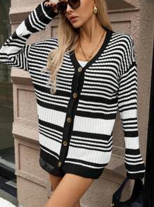 SHEIN Clasi Áo len cardigan dệt kim dài tay in họa tiết sọc khối màu phía trước cổ chữ V đơn giản - Nhiều màu - Xem 3