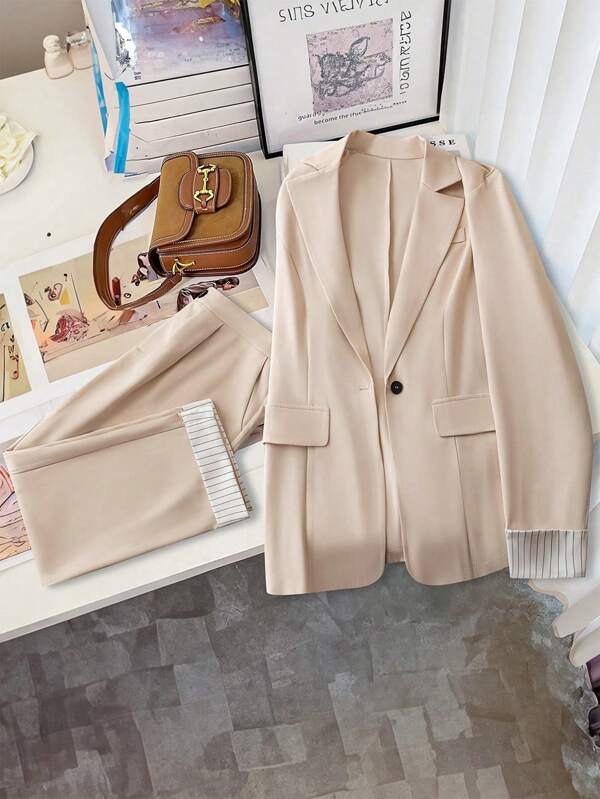 Franclia Plus Size Solid Color Sleeve Splice Single Button Long Sleeve Blazer Jacket And Pockets Suit Pants 2pcs Set