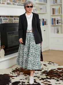 EMERY ROSE Plus Size Women Elastic Waist Leopard Print Long Casual Skirt, Winter Women Coat