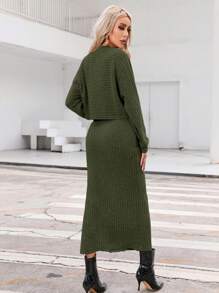 SHEIN Essnce 2pcs Women Casual Solid Color Batwing Sleeve Top & Side Slit Skirt Set, Autumn