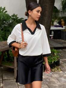 DAZY Women's Casual Loose Contrast Color Drop Shoulder Polo Neck T-Shirt, Summer Oversized T-Shirt