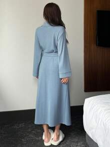 DAZY Soft Knit Solid Color Belted Loose Long Sleeve Robe Pajama - Blue - View 2