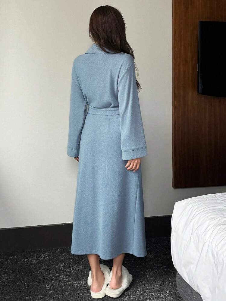 Soft Knit Solid Color Belted Loose Long Sleeve Robe Pajama