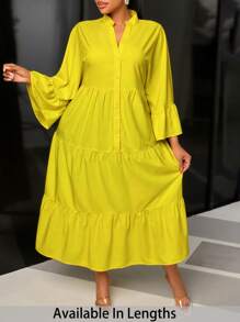 SHEIN PETITE CURVE Đầm tay dài cổ chữ V viền bèo nhún cỡ lớn - Màu vàng - Xem 1