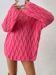 Chiquease 中长款宽松复古麻花针织毛衣 - 玫紅色 - 查看 4