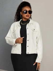 SHEIN LUNE Plus Size Women Elastic Denim White Fashion Christmas Women Thanksgiving Women Versatile Jacket - White - View 4